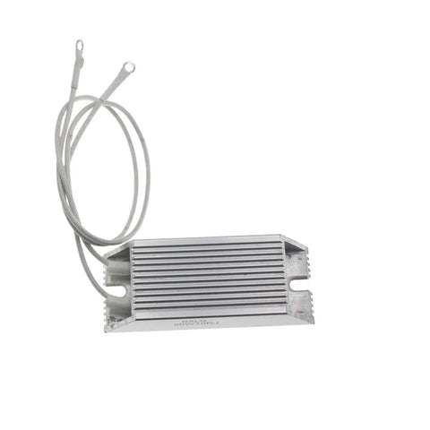 Aluminum-cased RXLG servo braking resistor with finned heatsink and two ring-terminal leads