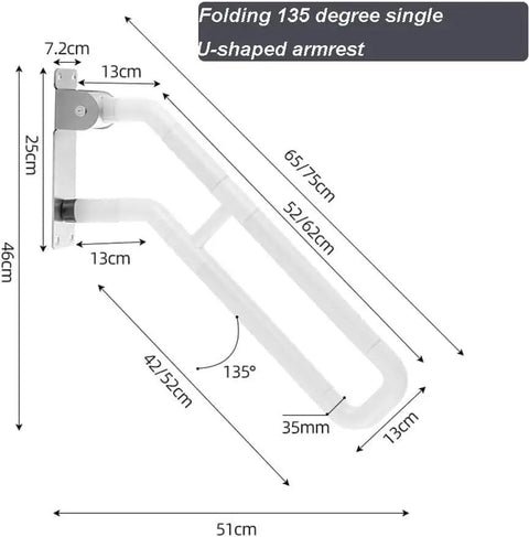 Slick Flip Up U Shaped Stair Handrail Wall Mount Railing For Steps With A Beefy Folding Grab Bar and Rock Solid Armrest dimensions diagram.