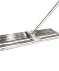 Stainless Steel 30 Inch Lawn Level Rake Pro Grade Yard Tool with long handle, close-up on steel plate, ideal for even grass and smooth soil leveling.