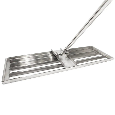 Stainless Steel 30 Inch Lawn Level Rake Pro Grade Yard Tool with long handle, close-up on steel plate, ideal for even grass and smooth soil leveling.