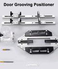 Foolproof Wood Door Grooving Positioner Featuring Flexible Door Hinge Router Template parts including aluminum base and steel slides.
