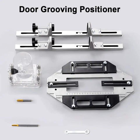 Foolproof Wood Door Grooving Positioner Featuring Flexible Door Hinge Router Template parts including aluminum base and steel slides.