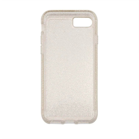 Transparent smartphone case with glitter accents, back view
