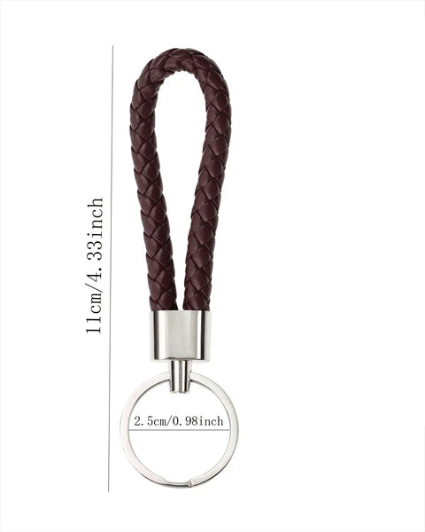 Premium Braided Pu Leather Key Fob With Solid Metal Hardware For Daily Grind Fly Woven Keychain Ring, 11cm, dark brown shade.