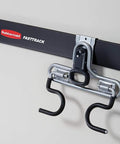 FastTrack Wall Double S Hook 2 Handle Garage Tool Organizer Rack For Hand Tools, shown mounted on wall rail.