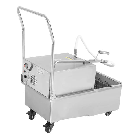 Heavy Duty Commercial Fryer Oil Filter Cart, 550 Watt Stainless Steel Machine with handle and wheels for easy mobility.