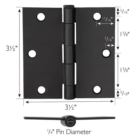 Ten-Pack 3.5-Inch Interior Door Hinges With Square Corners Matte Black Heavy Duty Steel Construction, dimensions and pin shown