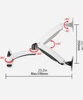 Desk Clearing Wall Mount Monitor Arm With Butter Smooth Mechanical Spring Adjustment Fits 12 To 27 Inch Screens showing adjustable angles and dimensions.