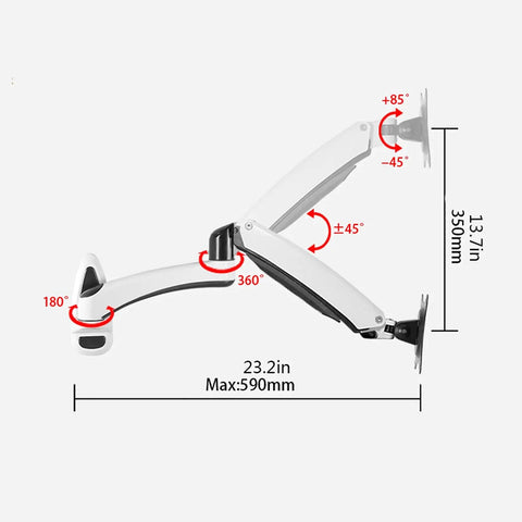 Desk Clearing Wall Mount Monitor Arm With Butter Smooth Mechanical Spring Adjustment Fits 12 To 27 Inch Screens showing adjustable angles and dimensions.