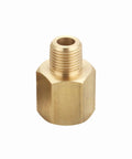 Brass one eighth inch NPT male to one quarter inch NPT female pipe adapter fittings, front view of single adapter from 5-pack