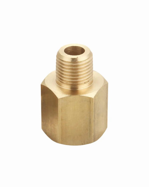 Brass one eighth inch NPT male to one quarter inch NPT female pipe adapter fittings, front view of single adapter from 5-pack