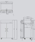 Heavy Duty Commercial Reach In Cooler dimensions drawing, 52 Inch Wide Build, Dual Side By Side Stainless Steel Doors, precise measurements.