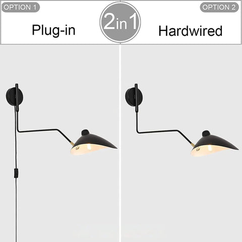 Industrial Black Plug In Swing Arm Wall Sconce With Adjustable Shade And E26 Socket On Off Switch Indoor Reading Light