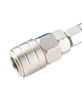 Straight Up Top Rated Heavy Duty Ultra Tough Air Compressor Hose Polyurethane Pneumatic Super Resilient Tubing Ideal For Construction Sites Auto Shops And Garages 20 Meters Long Quarter Inch NPT Blue Fittings Work Horse Gear Proven Performance, close-up of metal quick connector