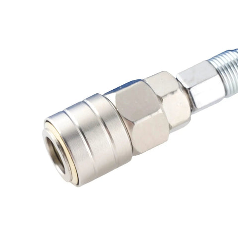 Straight Up Top Rated Heavy Duty Ultra Tough Air Compressor Hose Polyurethane Pneumatic Super Resilient Tubing Ideal For Construction Sites Auto Shops And Garages 20 Meters Long Quarter Inch NPT Blue Fittings Work Horse Gear Proven Performance, close-up of metal quick connector