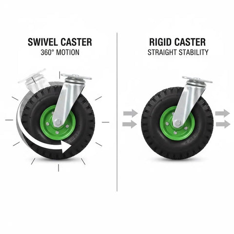 Rock Solid 10 Inch Pneumatic Caster Wheels 4 Piece Set showing swivel and rigid caster designs for versatile movement and stability.