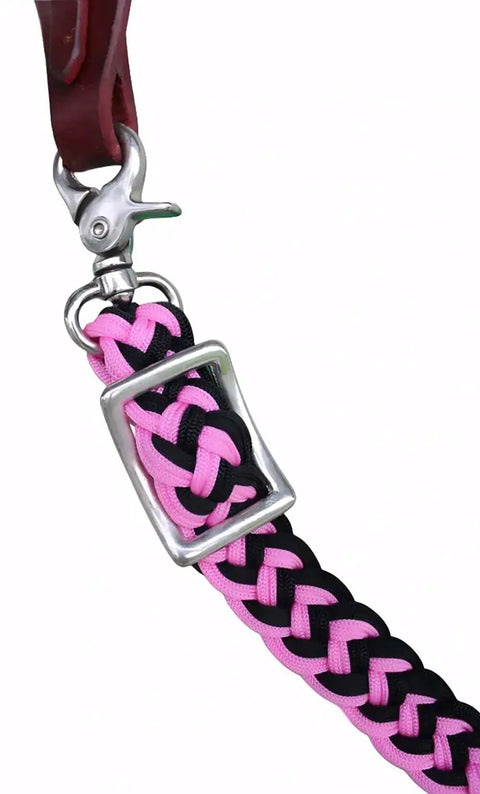 Close-up of pink and black braided nylon barrel reins with non-slip grip and silver buckle, Roping Knotted Horse Tack Western 60706