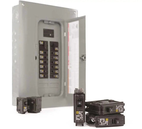 Rock Solid 100 Amp 120 240 Volt Electrical Load Center With 20 Spaces And 40 Circuits Combination Mount Main Breaker Panel Box showing open panel and circuit breakers.
