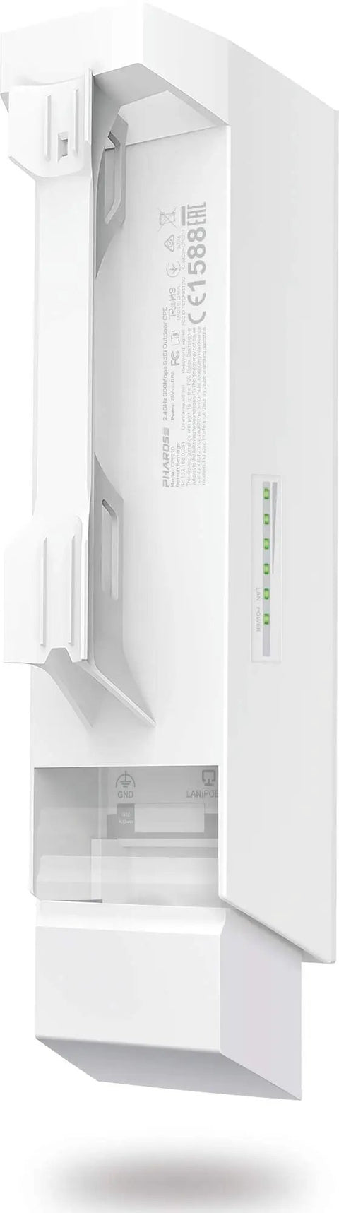 Back view of Beefy Long Range 2.4GHz N300 Outdoor CPE with ports and indicators for wireless bridges