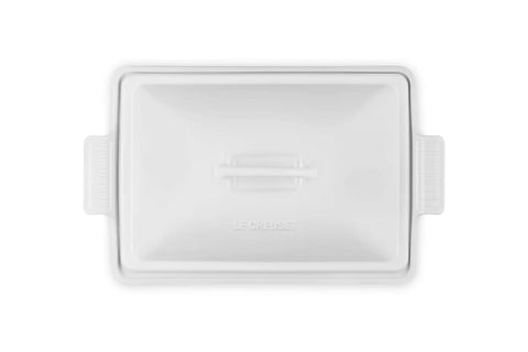 Premium Stoneware Covered Rectangular Casserole 4 Quart 12 By 9 Inch White Bakeware For Even Heating And Heat Retention top view
