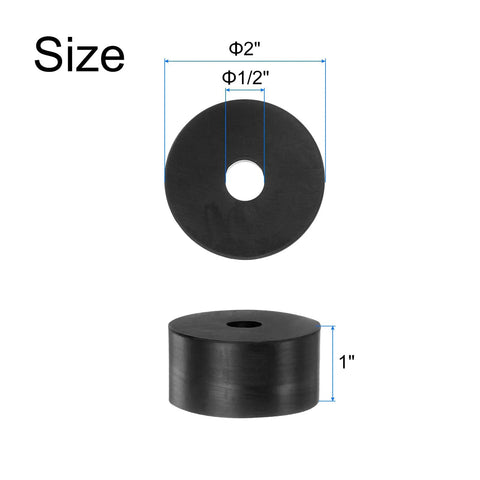 4 Pack Heavy Duty Rubber Spacers 2 Inch O D Half Inch I D 1 Inch Thick Anti Vibration Bushings showing size dimensions.
