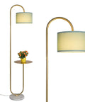 Arc Floor Lamp With Hanging Drum Shade And Marble Base Modern Tall Standing Light With Integrated Side Table Gold Brass Finish Perfect Over The Couch For Living Room Bedroom Or Office Decor For A Cozy Vibe