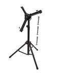 Rugged Alloy Drum Rack Tripod Shelf With Secure Snare Holder And Quick Attach Mallet Mount Ultra Light Percussion Stand, adjustable height and clamps.