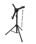 Folding Snare Drum Stand With Adjustable Height Tripod Base Heavy Duty Black Steel Practice Rack Quick Setup For Beginners, showing adjustable tripod and clamps.