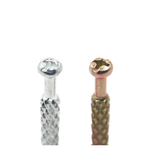 Heavy Duty Three In One Screw Connector Bolt For Furniture Assembly Rock Solid Cabinet Hardware showing two different bolts in detail.