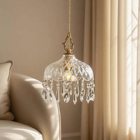 Top Shelf Vintage Crystal Pendant Light With Dope Diamond Cut Glass Shade And Legit Brass Accents Adjustable 0.5 To 70 Inch Cord, stylish lighting above sofa.