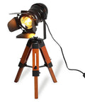 Tripod Floor Lamp With Industrial Vintage Vibe, Metal And Wood Finish, Nautical Cinema Style Standing Searchlight, warm glow