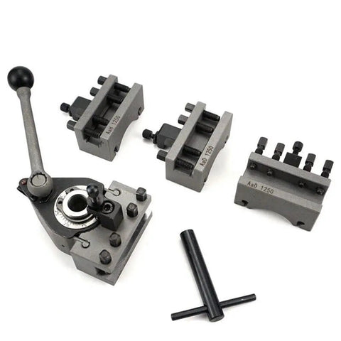Quick Change Tool Post Holder For Mini Lathe With Multifix Style Pro Grade, Ultra Precise 0.01mm Repeatability, shown with accessories.