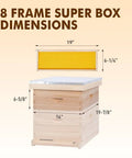 8 Frame Bee Hive Starter Kit With Deep Brood Box And Medium Super Includes Beehive Frames And Foundation Sheets Easy Assembly Cedar Wood Beekeeping Setup For Beginners Ready To Go showing super box dimensions.