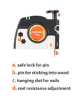 Pro Plumb Bob With Auto Retracting String 8m 26ft Nylon Cord 15oz Weight with labeled features for safe lock, pin, slot, adjustment