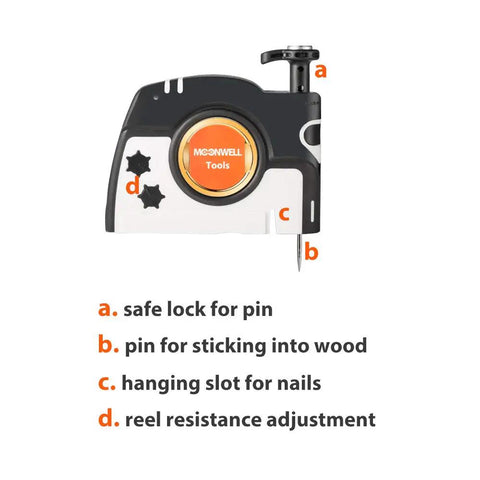Pro Plumb Bob With Auto Retracting String 8m 26ft Nylon Cord 15oz Weight with labeled features for safe lock, pin, slot, adjustment