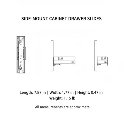 Diagram of side-mount drawer slides, dimensions labeled, for cabinets. Side-Mount Drawer Slides For Cabinets, Cold-Rolled Steel Replacement Hardware.