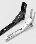 2 Piece Heavy Duty Folding Shelf Brackets Wall Mount in black and white, stainless steel, designed for collapsible table support.