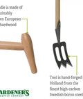 Close-up of Lifetime Garden Spork showing Swedish boron steel head and ash handle, from Gardeners Supply Co.