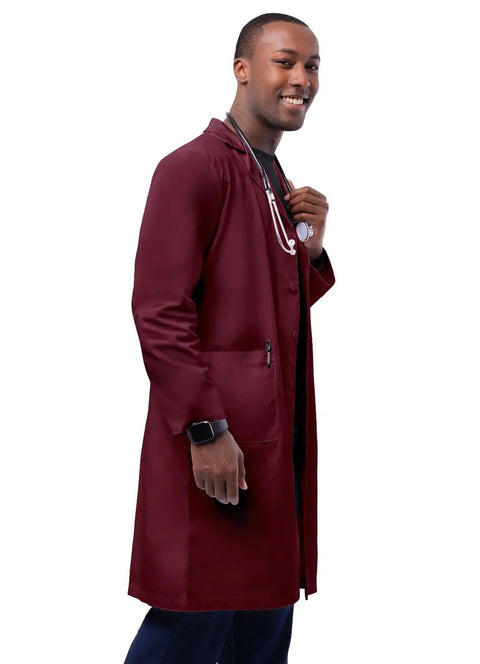 Unisex Burgundy 39 Inch Lab Coat With Two Large Patch Pockets, Two Inner Pockets And Chest Pocket, Adjustable Back Belt, Walking Slit, And Side Vents, Durable Professional Coat For Nurses And Doctors