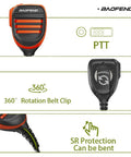 Dual Ptt Handheld Microphone Speaker for GMRS Ham Radios with beefed up waterproof upgrade shown with 360 rotation belt clip