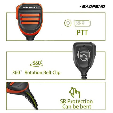 Dual Ptt Handheld Microphone Speaker for GMRS Ham Radios with beefed up waterproof upgrade shown with 360 rotation belt clip