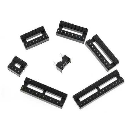 66 Piece DIP IC Socket Kit With Flat Feet Solder Type 2.54mm Pitch 0.5mm Above PCB Includes various pin sockets on white background