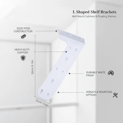 Diagram of L Shaped Shelf Bracket in White Steel Built Tough for Wall Mounted Cabinets and Floating Shelves, highlighting features