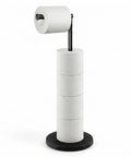 Freestanding Toilet Paper Holder Stand With Extra Heavy Weighted Base And Non Slip Mat in sleek black and white design.