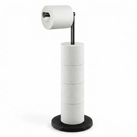 Freestanding Toilet Paper Holder Stand With Extra Heavy Weighted Base And Non Slip Mat in sleek black and white design.