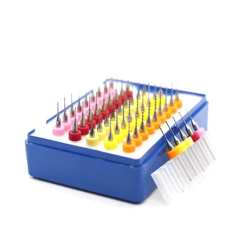 Carbide PCB Engraving Drill Bits Set for CNC Router Wood and Metal Cutting, 0.5mm to 1.2mm Micro Engraving Bits, 50-piece kit displayed