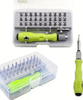 32 In 1 Precision Screwdriver Set With Mini Magnetic Cross And Flat Head Bits in green handle with transparent case