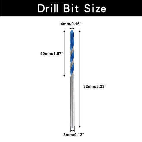 Masonry drill bit, blue-coated 4mm diameter with 3mm shank; 82mm total length.
