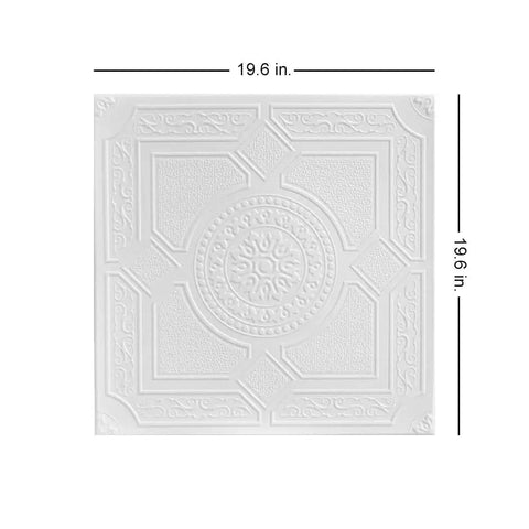 No Sweat Glue Up Foam Ceiling Tiles EZ Install Hides Popcorn Texture Fast Lightweight Styrofoam 19.6x19.6 inches plain white tile design.