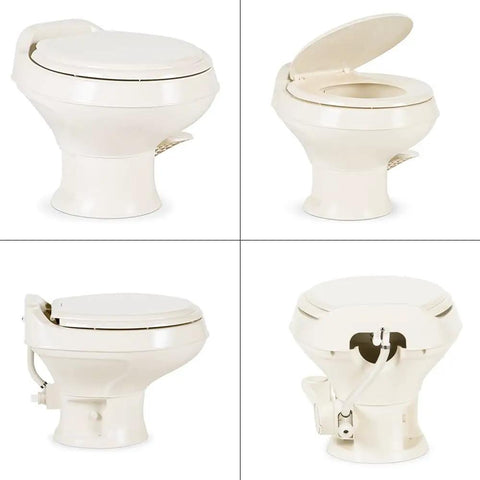 Low Profile Toilet With Full Size Residential Seat And Triple Jet Bowl Rinse Gravity Flush One Pint Per Flush Lightweight Polypropylene 301 Series Bone - various angles